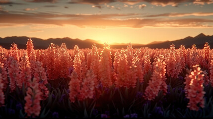 Wall Mural -   A field of red flowers with the sun setting in the distance is a picturesque mountain range in the background