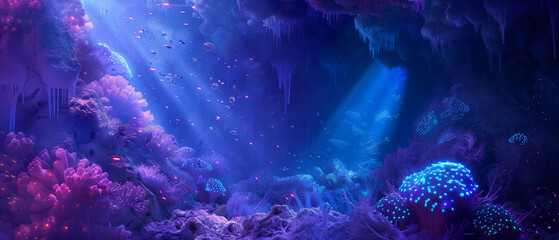 Mystical Underwater Cave with Glowing Corals and Sunbeams Penetrating the Water