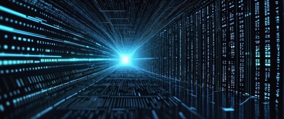 An abstract digital background with binary code and AI algorithms running in the background