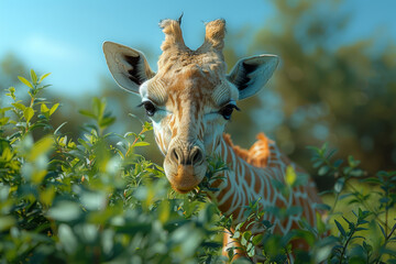 Poster - A regal giraffe grazing on treetop leaves, its long neck reaching skyward to access its preferred food source. Concept of herbivore adaptation and feeding behavior. Generative Ai.