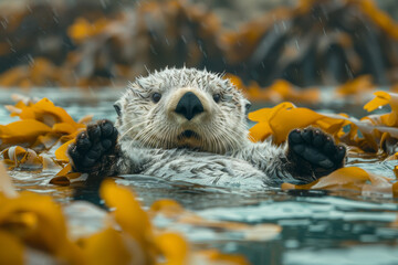 Sticker - A playful sea otter floating on its back in the kelp forest, using rocks to crack open shellfish for a meal. Concept of marine ecosystems and tool use. Generative Ai.