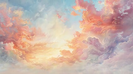 Wall Mural - Watercolor pastel sky, wisps of clouds tinged in pink and orange, soft-focus realistic