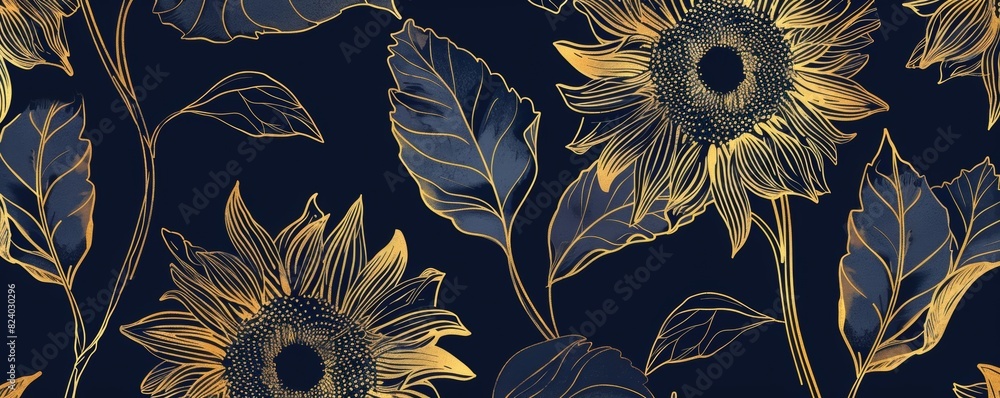 Sunflower pattern on a dark blue background with gold lines in a ...