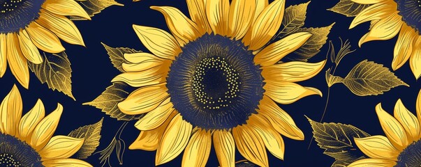 Poster - abstract sunflowers pattern with line art and gold foil on a navy blue background generative ai