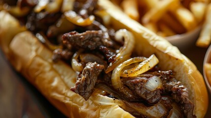 Describe a mouthwatering Philly cheesesteak with thinly sliced beef, sauteed onions, and melted provolone cheese in a soft hoagie roll, Close up