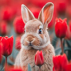 easter background with a cute brown rabbit sitting in a flower field with red tulips
