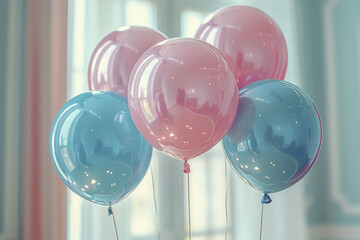 Canvas Print - Soft pink and blue balloons floating against a light background. Concept of celebration and joy. Generative Ai.