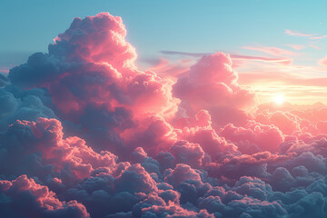 Wall Mural - Light blue and soft pink pastel clouds at sunset. Concept of tranquility and beauty. Generative Ai.