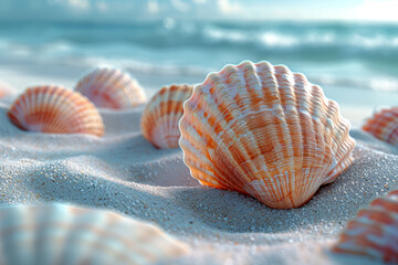 Wall Mural - pale mint and soft coral seashells scattered on sand. concept of nature and serenity. generative ai.