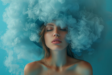 Wall Mural - a girl with a cloud as a hat. concept of dreams and lightness. generative ai.