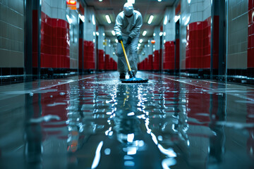 Poster - A janitor mopping the floor of an empty hallway. Concept of maintenance and cleanliness. Generative Ai.