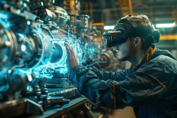 A closeup of a worker using augmented reality glasses to repair industrial machinery