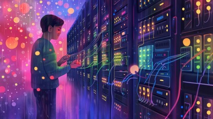 A kawaii watercolor of a network administrator, efficiently managing servers in a sleek, ultramodern data center with glowing lights and cables, Clipart isolated on white