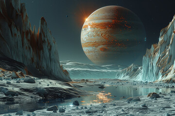 Wall Mural - the icy plains of europa, jupiter's moon, concealing a subsurface ocean teeming with the potential f