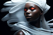 © elmaslouhi - Fashion Surreal Concept. Closeup portrait of black woman in avant garde ethereal futuristic swirl edgy headgear outfit. illuminated dynamic composition. sensual, advertisement, magazine. copy space
