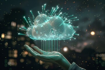 Wall Mural - Hand holding a holographic digital cloud lock, showcasing robust cloud technology and data protection in a dark, high-tech environment.