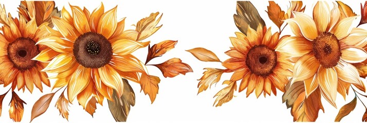 Wall Mural - Hand drawn sunflower border with golden and orange colors white background Generative AI
