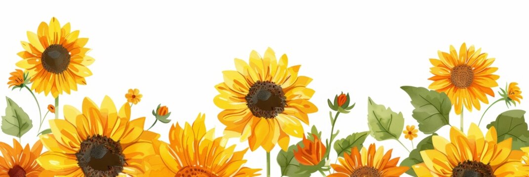 A hand drawn sunflower border with a white background and a yellow and orange color scheme Generative AI