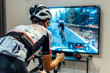 Man Riding Bike in Front of Flat Screen TV