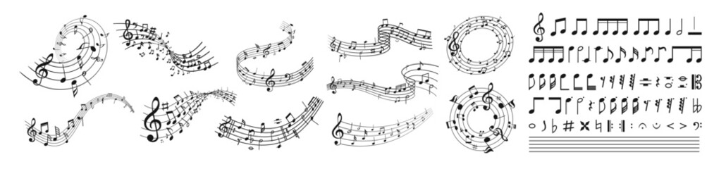 Music notes icon set, Music notes symbol. Musical note wave. Music notes melody on transparent background