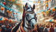© Jakob - A horse wearing a hat and a black bridle stands in front of a crowd of people. The horse is surrounded by colorful banners and lights, creating a festive atmosphere