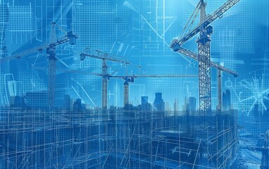 Wall Mural - Blueprint-style illustration of a bustling urban construction site with multiple cranes.