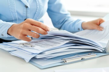 Fototapete - Reviewing Documents: A Professional Holding Papers in Front of a Laptop, Emphasizing the Importance of Accuracy, Detail, and Productivity in a Modern Office Setting, Generative AI