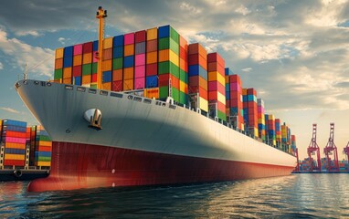 Wall Mural - Cargo ship loaded with colorful containers at dusk, docked at a busy port.