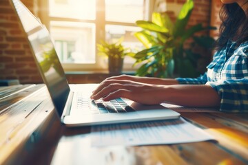 Fototapete - Reviewing Documents: A Professional Holding Papers in Front of a Laptop, Emphasizing the Importance of Accuracy, Detail, and Productivity in a Modern Office Setting, Generative AI