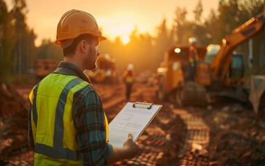 Wall Mural - Construction worker with clipboard at sunset, heavy machinery in the background.