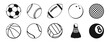 © Tata - Ball icons. Balls for Soccer, Football, Tennis, Golf, Bowling, Basketball, Hockey, Volleyball, Rugby, Pool, Baseball. Sports balls minimal flat icon set
