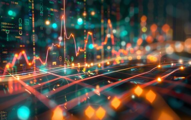 Wall Mural - Digital financial growth chart with overlay of blurred lights and dynamic lines.