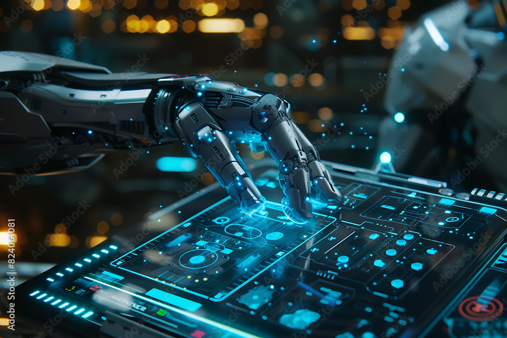 A robot hand presses with the index finger on the holographic screen ...