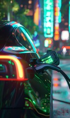 futuristic luxury car charging at power supply station, shiny luxury EV electric vehicle charge by cable, night street on background