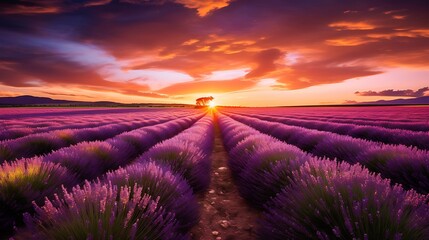 Wall Mural - Sunset over a lavender field in full bloom, with the purple flowers stretching into the horizon