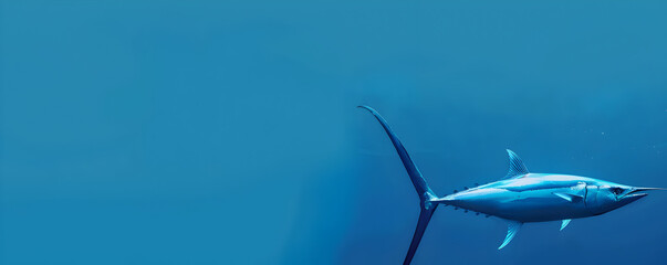 Swordfish web banner. Swordfish isolated on blue background with copy space, underwater theme.