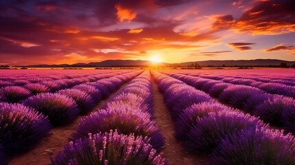 Wall Mural - Sunset over a lavender field in full bloom, with the purple flowers stretching into the horizon