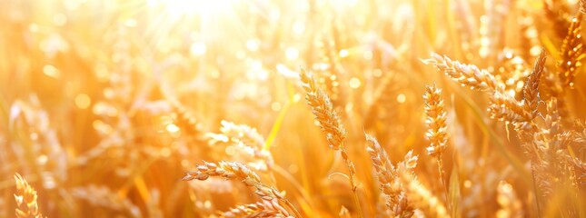 Wall Mural - golden wheat field background with sun rays, golden yellow grains of rice or sorghum closeup