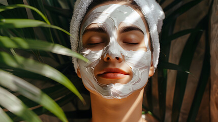 Sticker - Woman with eyes closed and white facial mask on face in SPA, Face and body care, relaxation and mental health. 