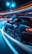 © goami - extremely fast futuristic sports car driving highway on high speed, luxury sport auto blurred motion on illuminated city street