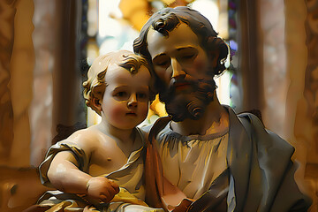 A devotional statue of Saint Joseph holding baby Jesus in a serene, reverent atmosphere with a stained glass background. Ideal for religious events or church decorations.