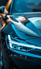 Wall Mural - front view of modern aggressive luxury car, headlight lamp, fancy expensive status sports vehicle, closeup view of head lamp