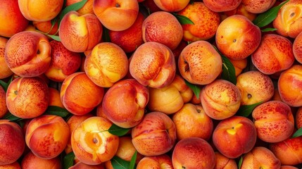 Wall Mural - Top view of a background filled with fresh ripe peaches, showcasing their vibrant orange color and juicy texture