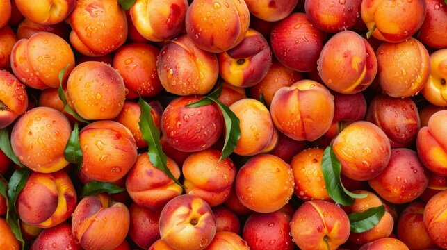 Top view of a background filled with fresh ripe peaches, showcasing their vibrant orange color and juicy texture