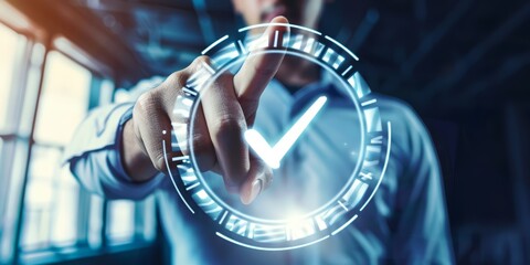 Aufkleber - A Businessman Touching a Futuristic Holographic Interface with a Checkmark, Symbolizing Success, Modern Technology, and Innovative Business Solutions, Generative AI