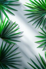 Wall Mural - Lush green tropical palm leaves arranged on a white background, casting natural shadows. Ideal for nature, botanical, and tropical themes, creating a fresh and vibrant aesthetic
