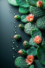 Wall Mural - Green cactus with pink blooming flowers arranged against a dark background