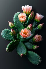 Wall Mural - Green cactus with pink blooming flowers arranged against a dark background