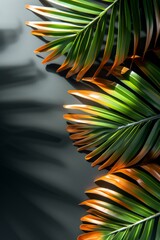 Wall Mural - Green tropical palm leaves against a dark background, casting shadows and creating a vibrant, lush appearance. Poster and banner