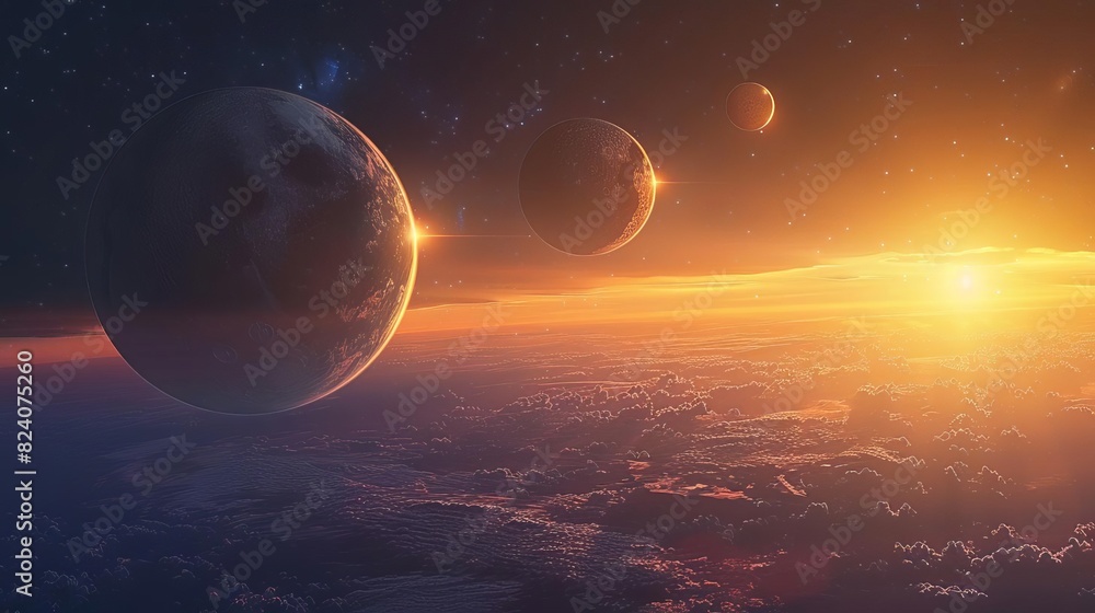 Planets Perfect Loop Describe a serene scene where planets align in a perfect line, creating ...